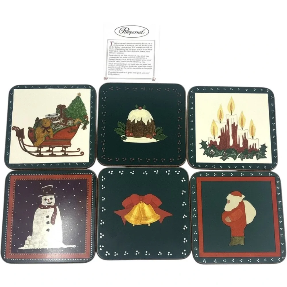 Pimpernel Coasters Set of 6 Christmas Folk‎ Art Green Vintage New Without Tags